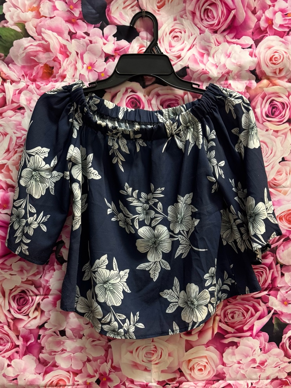 Navy Off-Shoulder Floral Blouse